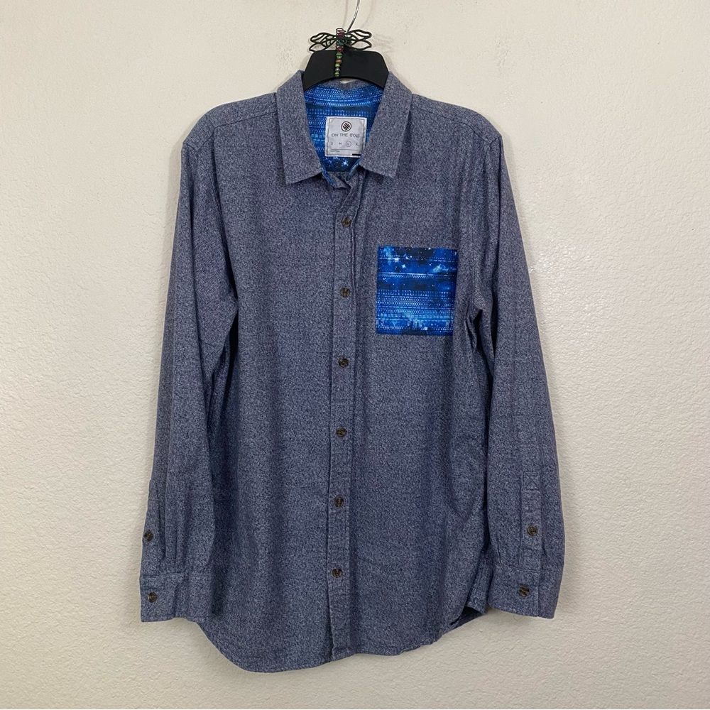 On The Byas sz:L Men's Cotton Long Sleeve Button Down Heathered Blue with Pocket